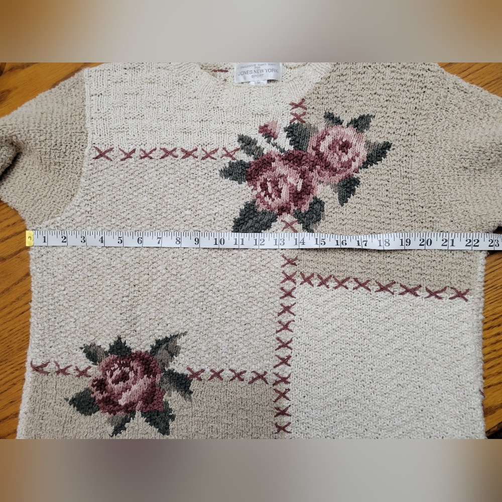 Vintage 90s Jones New York Hand Knit Floral Cottagecore Sweater Ramie Linen Med - Picture 6 of 7